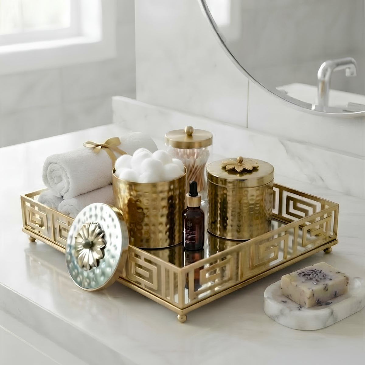 Gold Mirrored Square Tray with Greek Key Pattern
