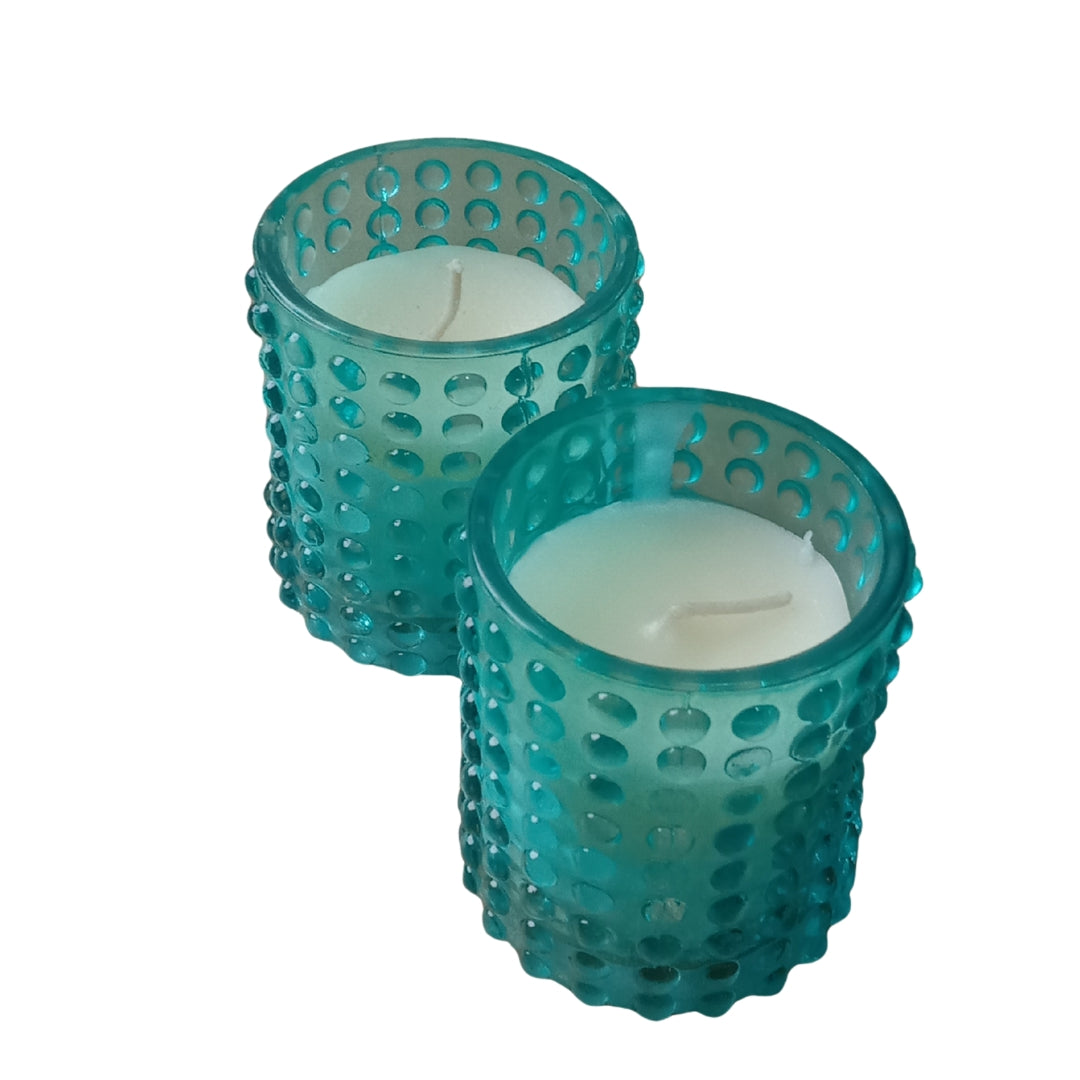 Blue Dotted Glass Votive Candle Holders - Scented Wax Set (Set of 2)