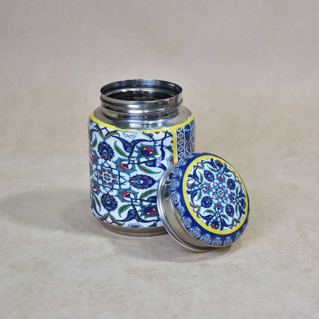 Stainless Steel Blue Abstract Printed Enamel Jar Set Of 3