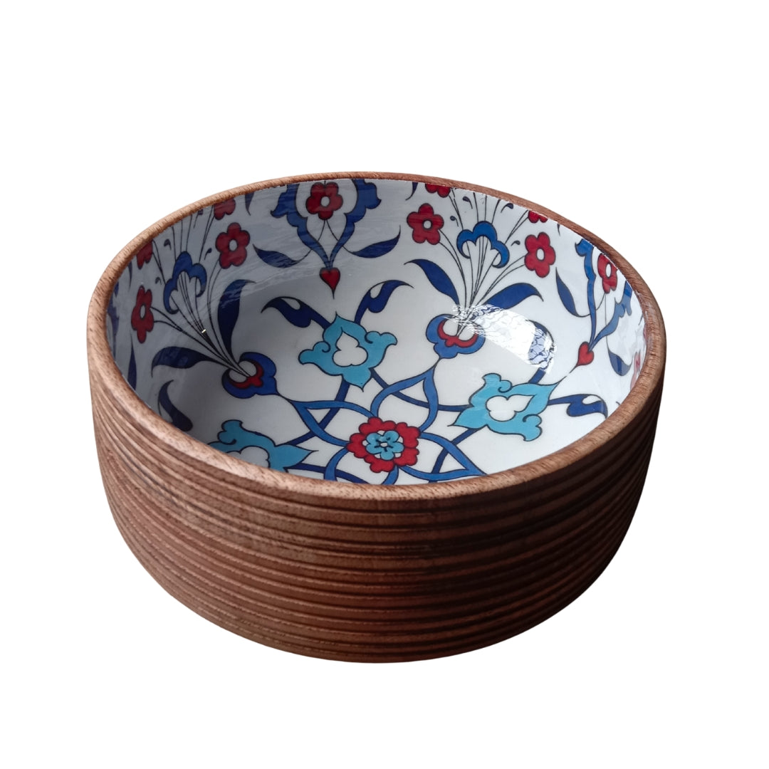 Turkish Print Enamel & Ribbed Wooden Salad Bowl Set