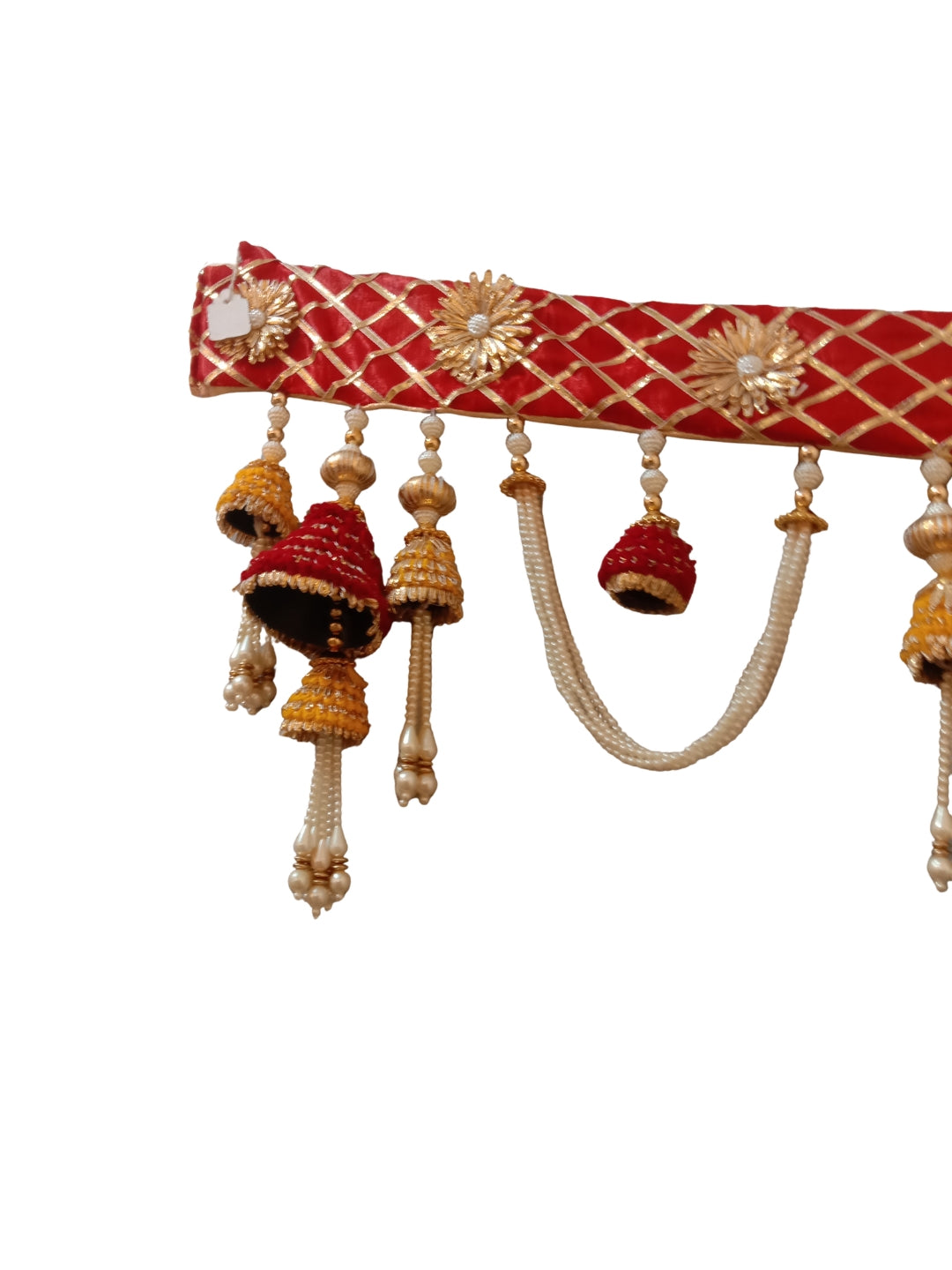 red gota cloth top with yellow & red gota cone hanging toran