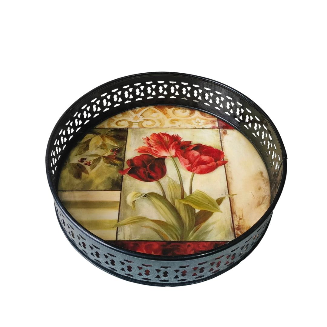 Metal Round Tray - Beige Flower Print  Large