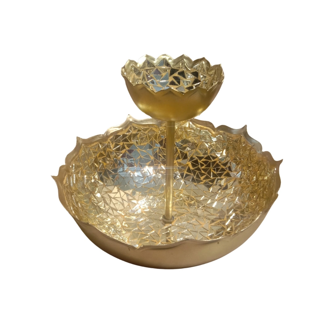 metal 2 tier  urli with gold mosaic chips and lacquered-10"