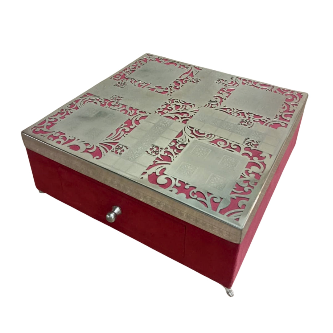 Luxury Silver Plated Ludo Box with Pull-Out Drawer, Metal Pawns & Red Velvet Base