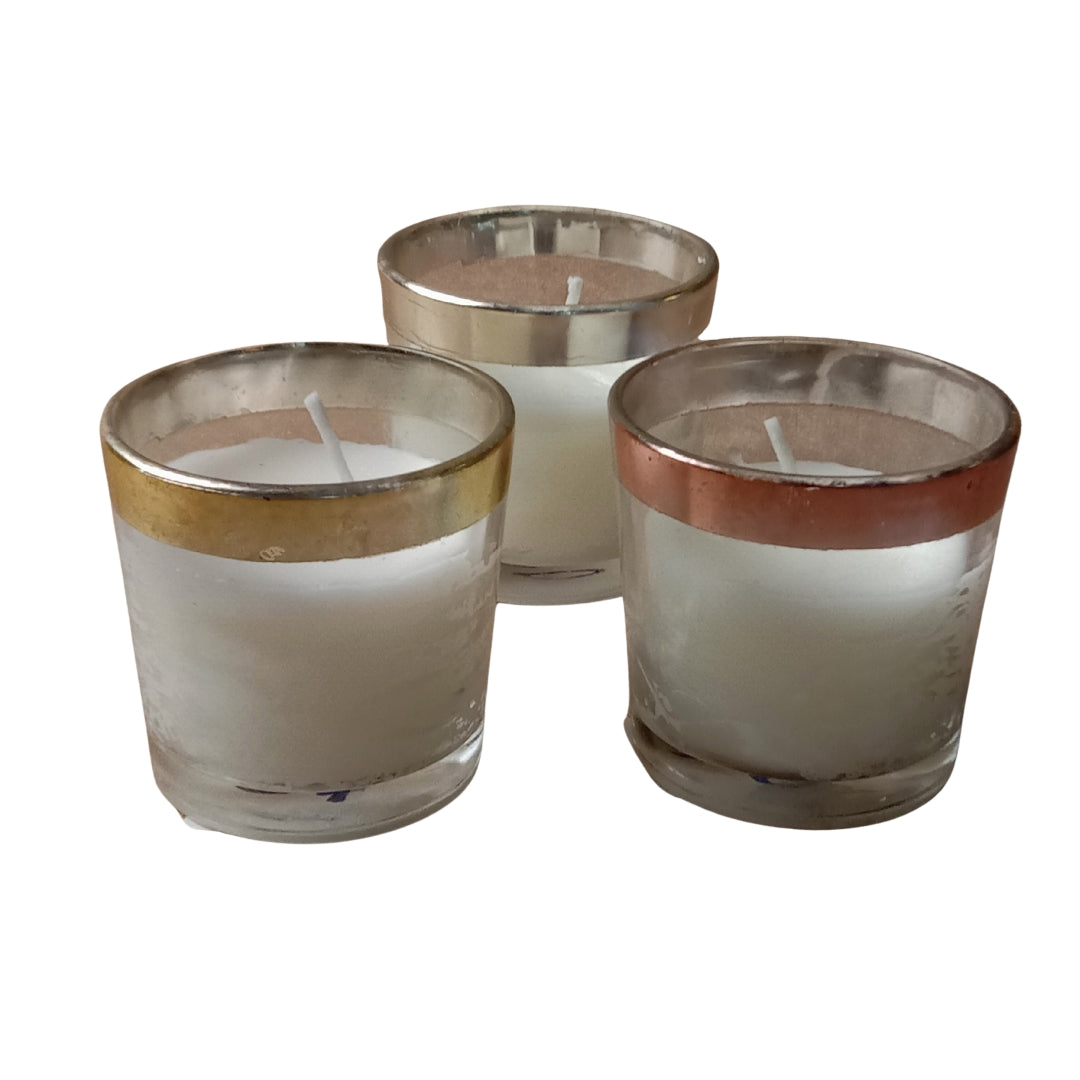 Set of 3 Glass Votive Scented Candles with Gold, Silver, and Copper Metallic Rims