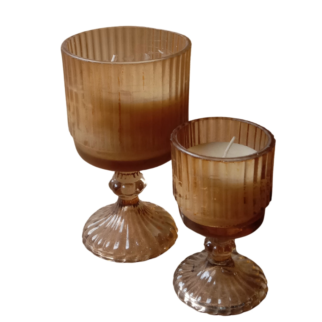 Set of 2 Brown Ribbed Glass Pedestal Scented Candles (Large & Small)