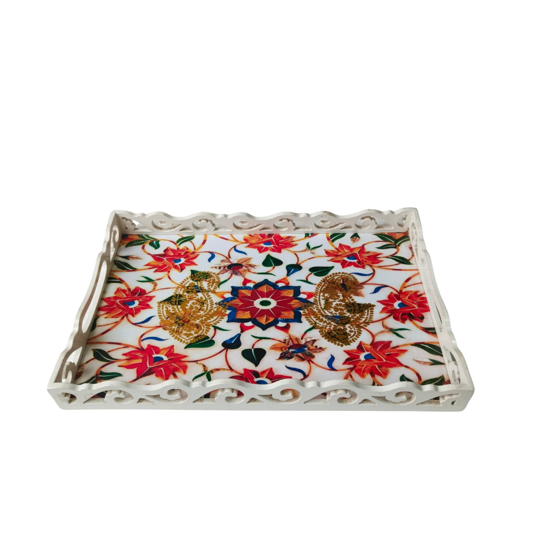 White Orange Flower Cutwork Wooden Tray Small