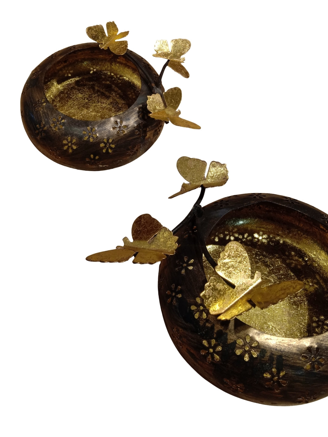 metal small antique finish urli with flower & butterfly motif- set of 2