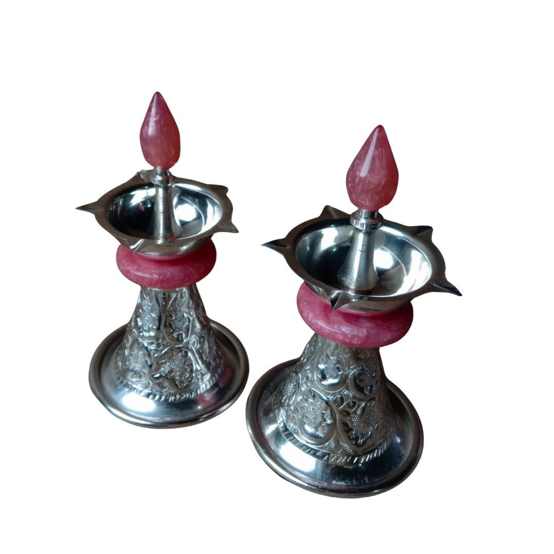 METAL Silver-Plated PINK RESIN Diya SAMAI Set of 2