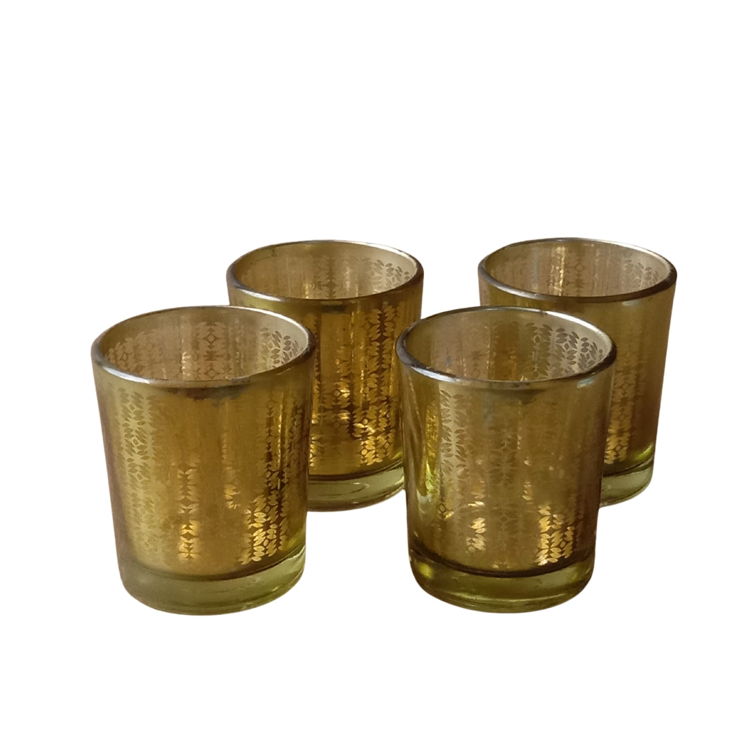 Green Glass Votive Holders with Leaf Etching - Small Set of 4