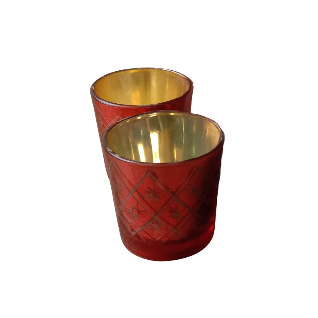 Etched Red Glass Votive Candle Holders - Elegant Set of 2