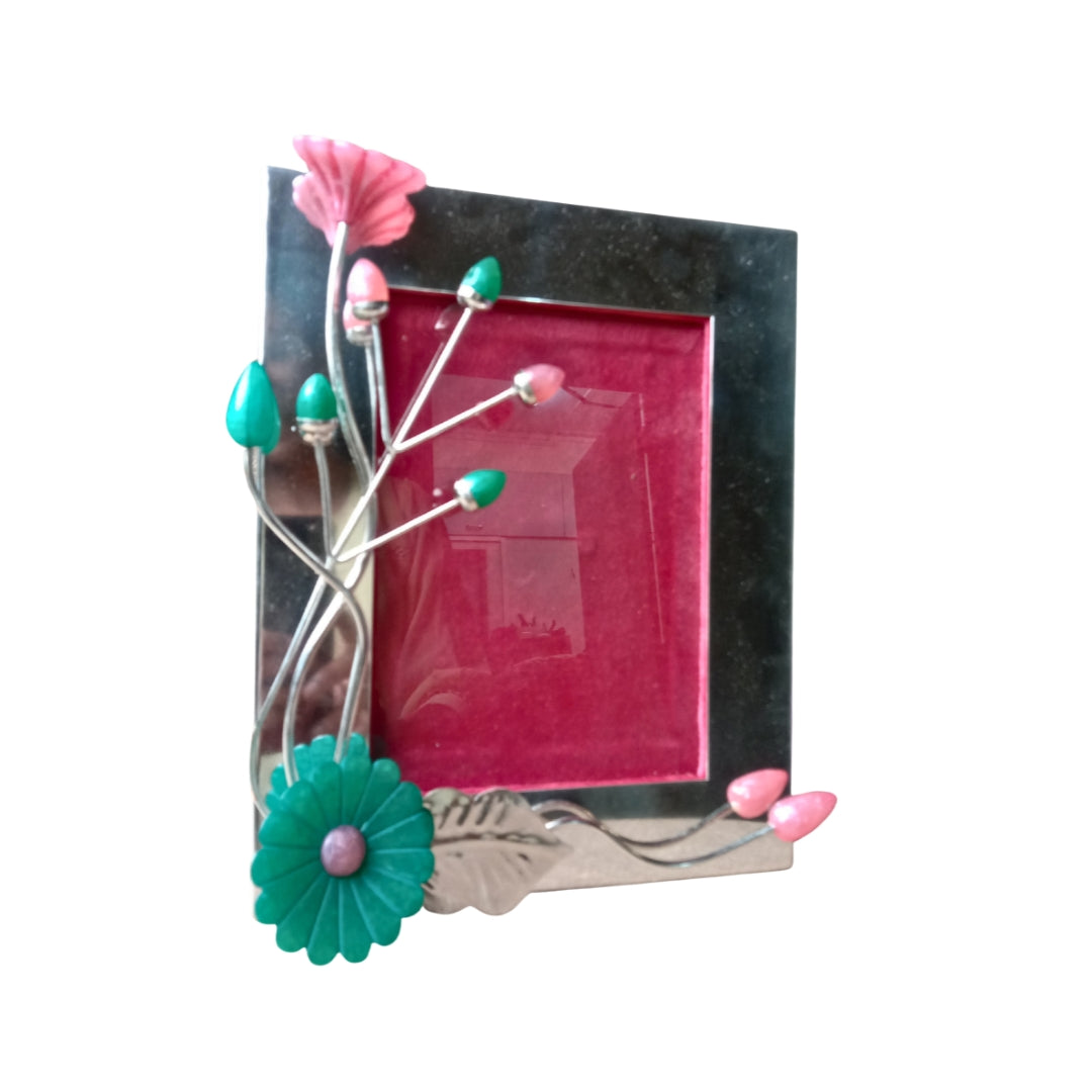 Silver-Plated Photo Frame with Pink & Teal Resin Floral Accents