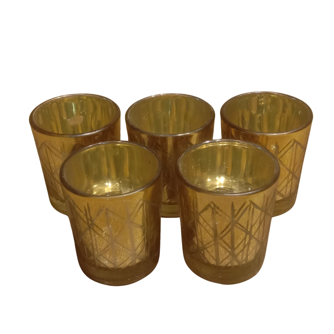 Diamond-Cut Gold Glass Votive Candle Holders – Elegant Set of 5