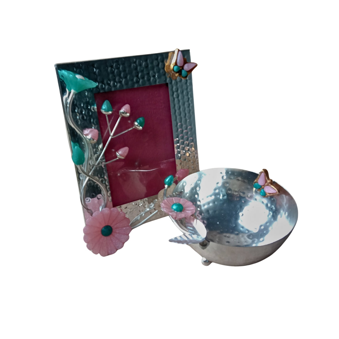 Silver-Plated Photo Frame & Bowl Set with Pink & Green Floral Motifs