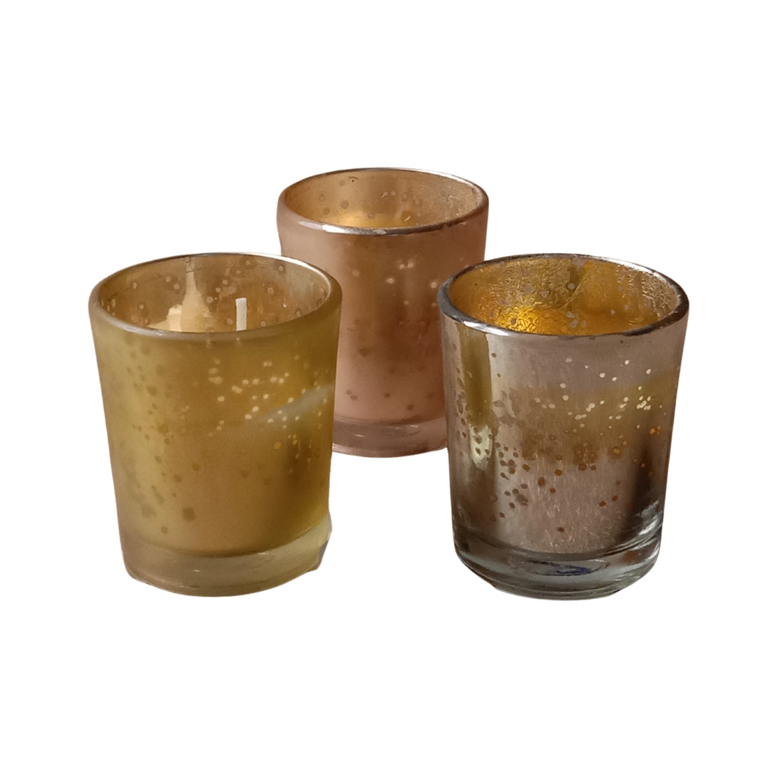 Set of 3 Metallic Luster Glass Votive Scented Candles (Gold, Silver, Copper)