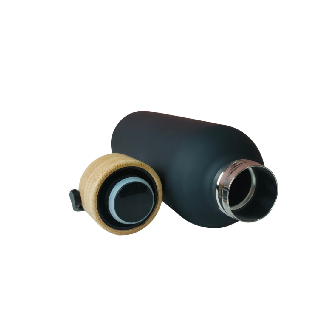 Black Stainless Steel Insulated Bottles With Bamboo Lid And Handles(750ml)
