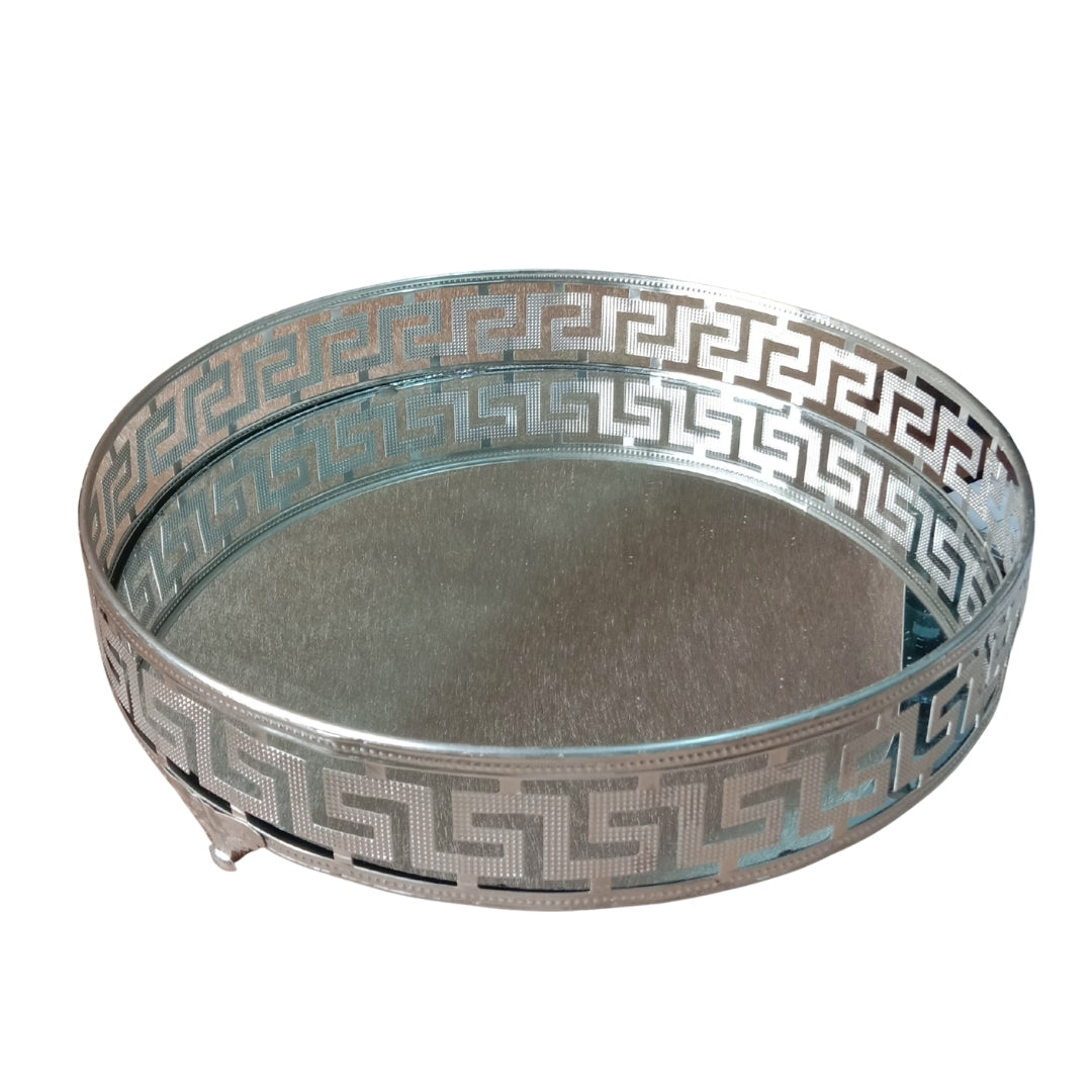 Silver Mirrored Decorative Round Tray with Greek Key Pattern - LARGE 12"