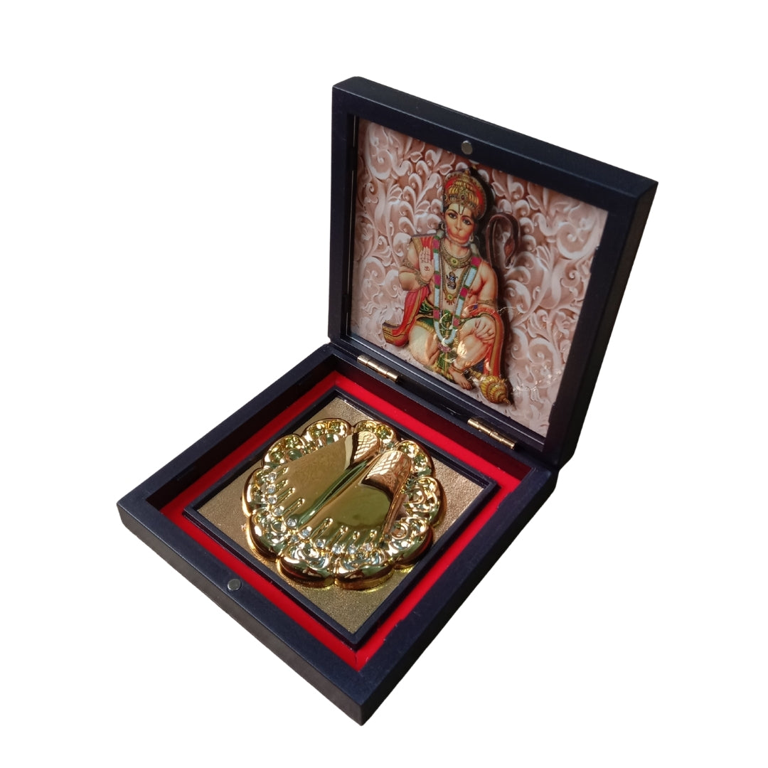 Lord Hanuman Golden Charan Paduka in Wooden Box
