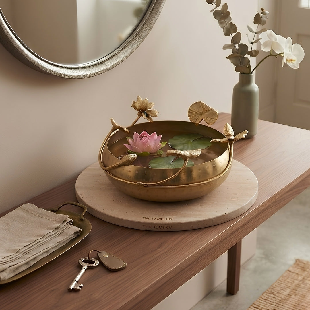 Decorative Brass Lotus Floating Bowl with Flowers