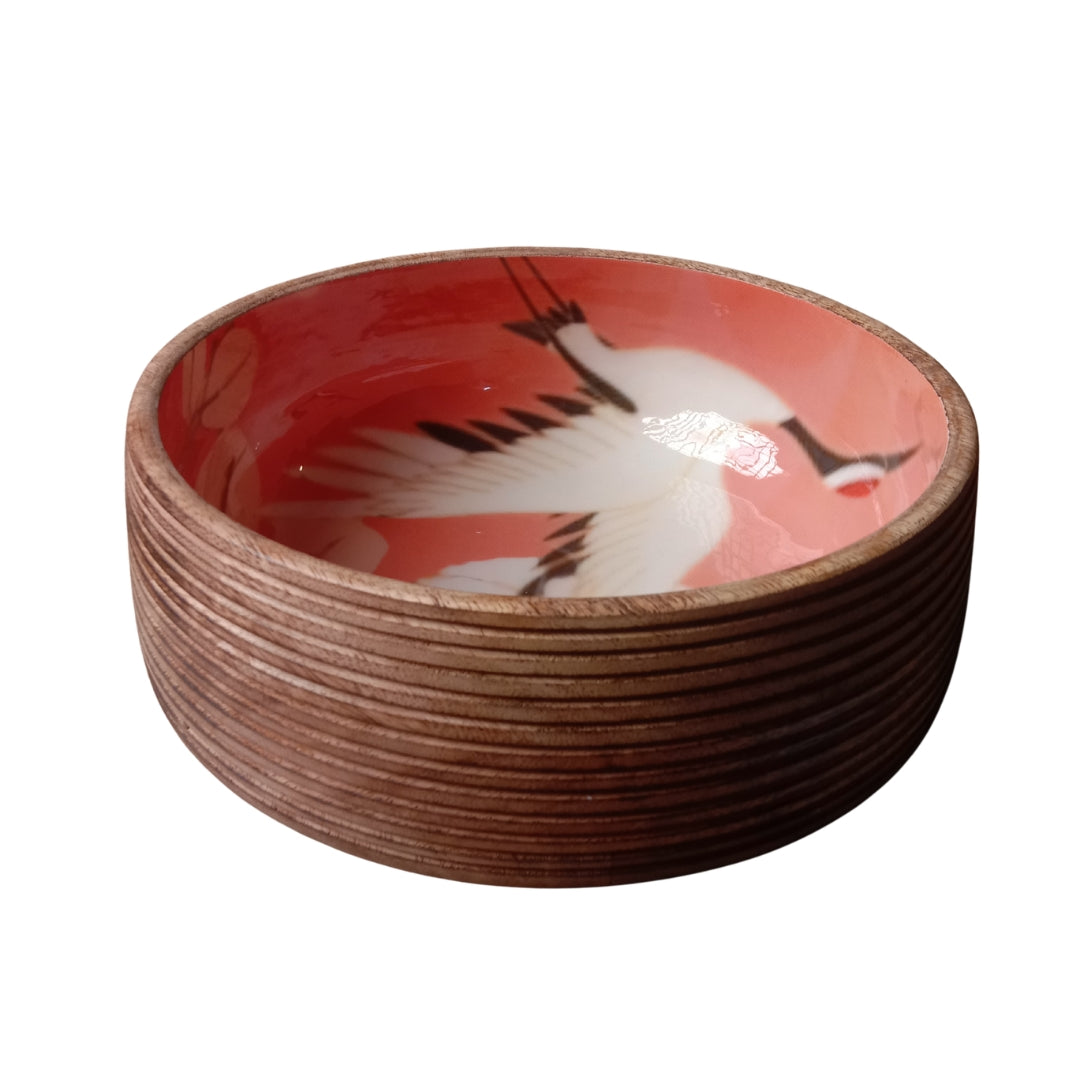 Flamingo Print Enamel & Ribbed Wooden Salad Bowl Set