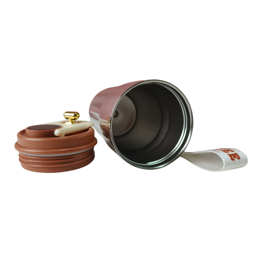 Stainless Steel Temperature Measure Sipper With Golden Capsule Knob And Brown Lid