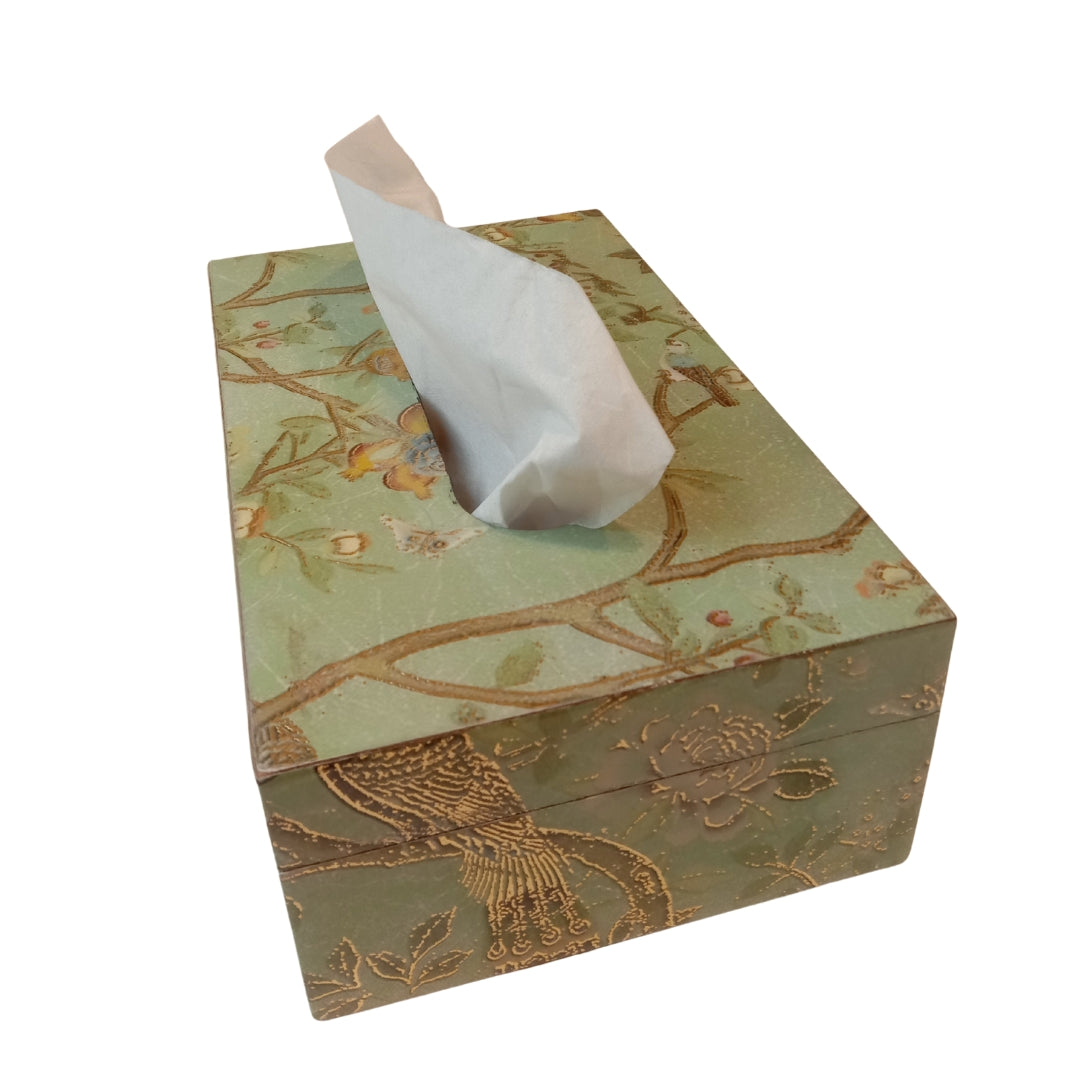 wooden print & enamel green peacock & bird Tissuebox