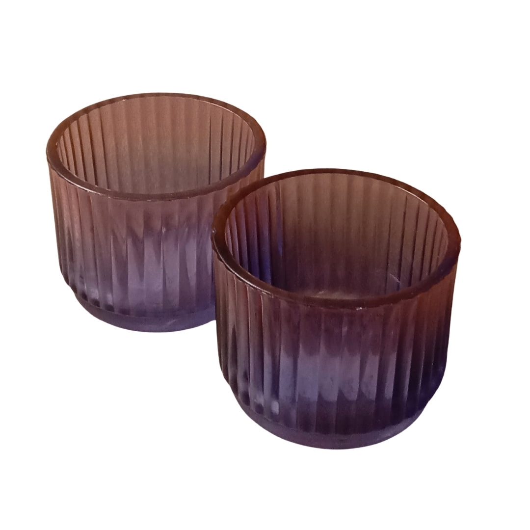 Set of 2 Pink & Purple Ribbed Glass Tea Light Holders
