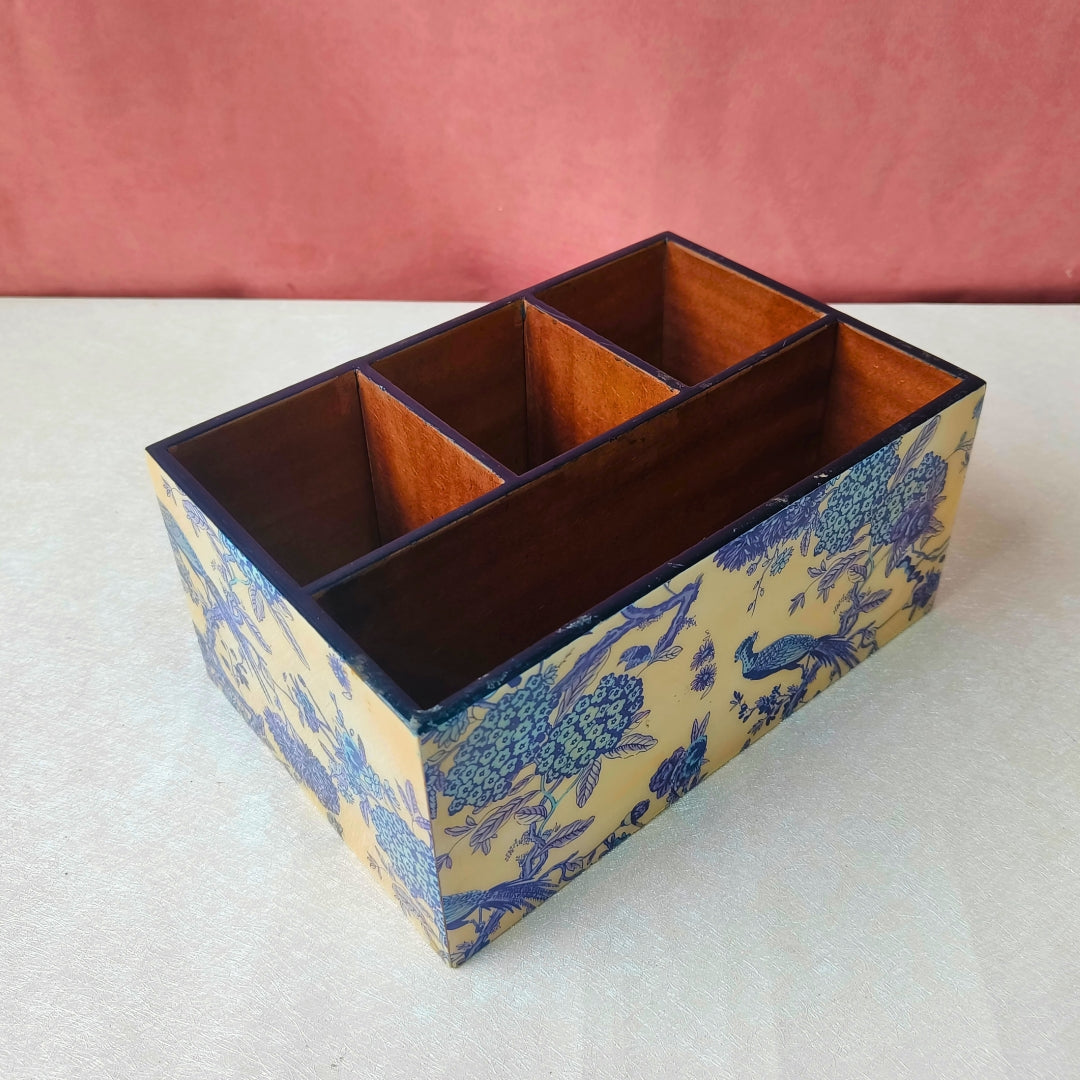 Caddy - Wooden 4 Partition Blue Peacock Print With Enamel