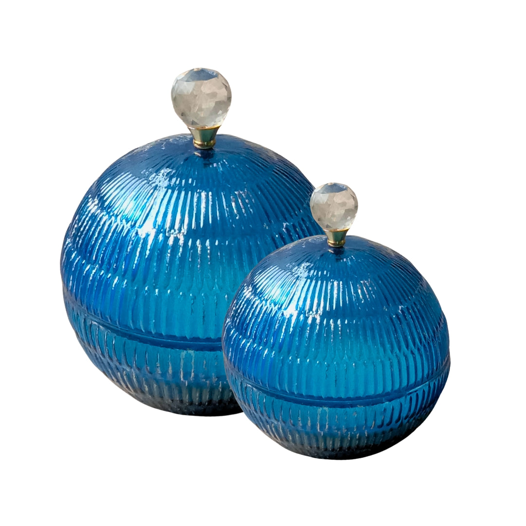 Set of 2 Blue Glass Ball-Shaped Scented Candles with Decorative Bow Lids