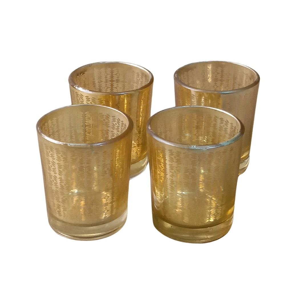 Set of 4 Yellow Glass Votive Candleholders with Delicate Leaf Etching