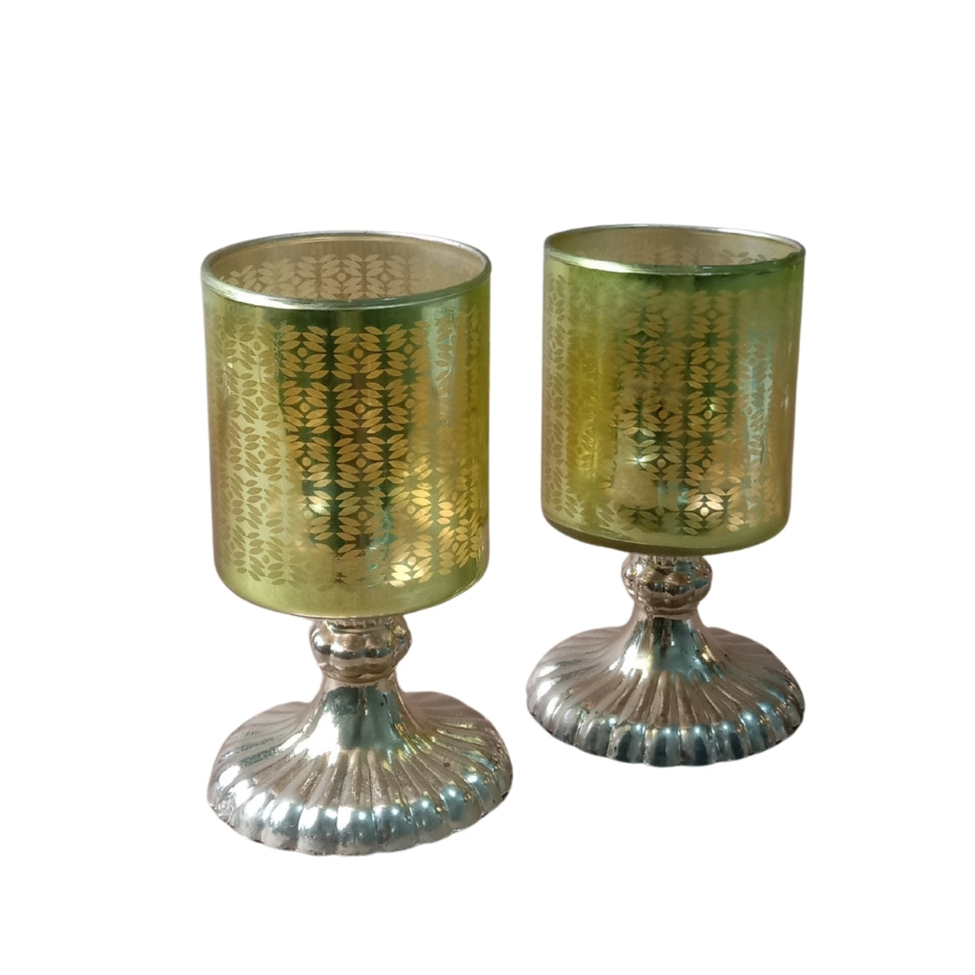 Set of 2 Green Leaf-Etched Glass Pedestal Tea Light Holders