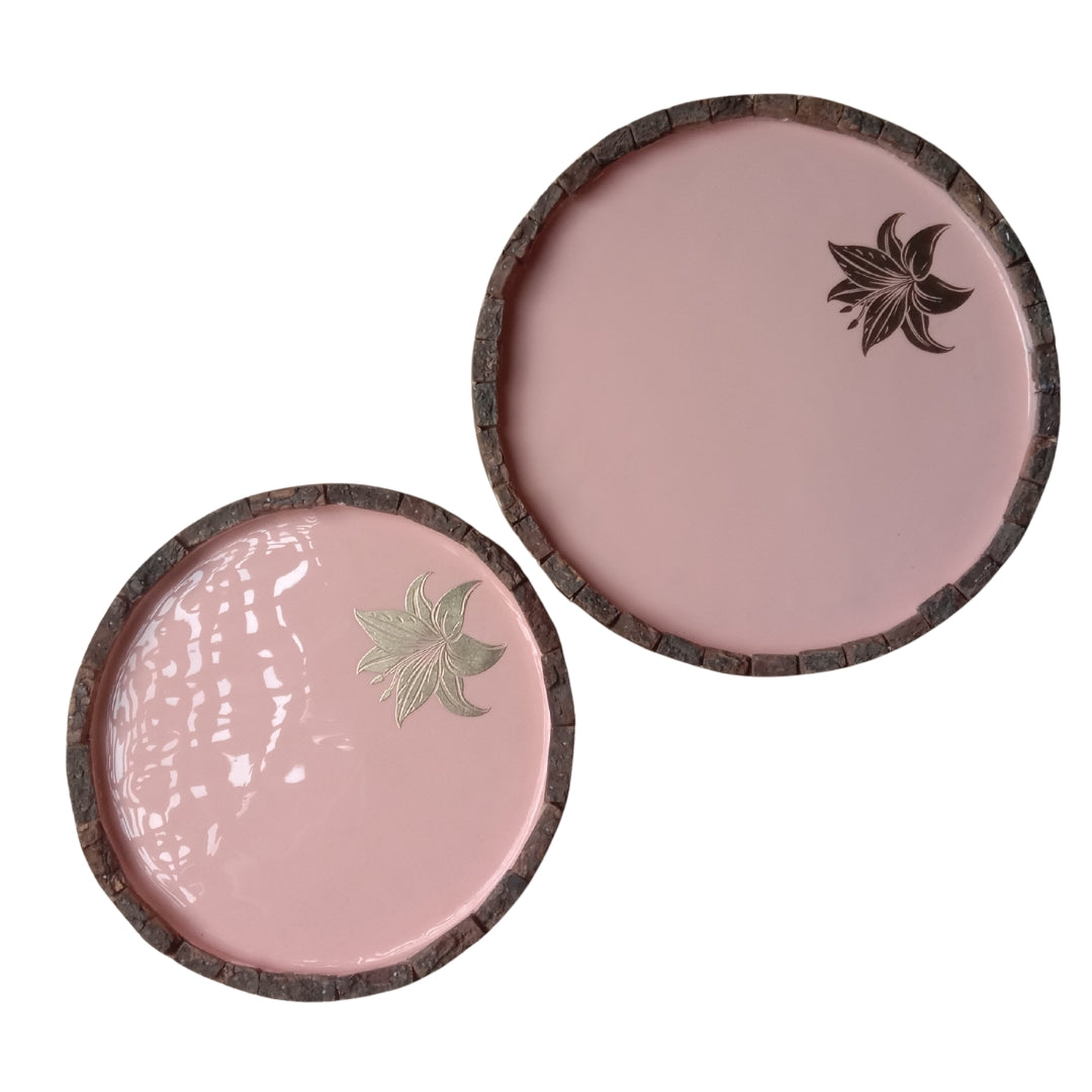 Peach Enamel Wooden Round Platter Set of 2 with Tulip Foil Print
