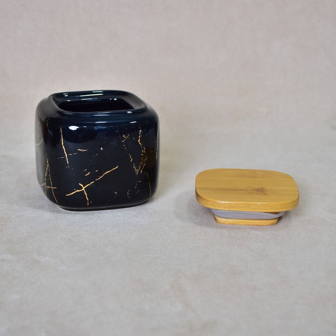 Ceramic Jar With Bamboo Tray Set Of 3 - Black