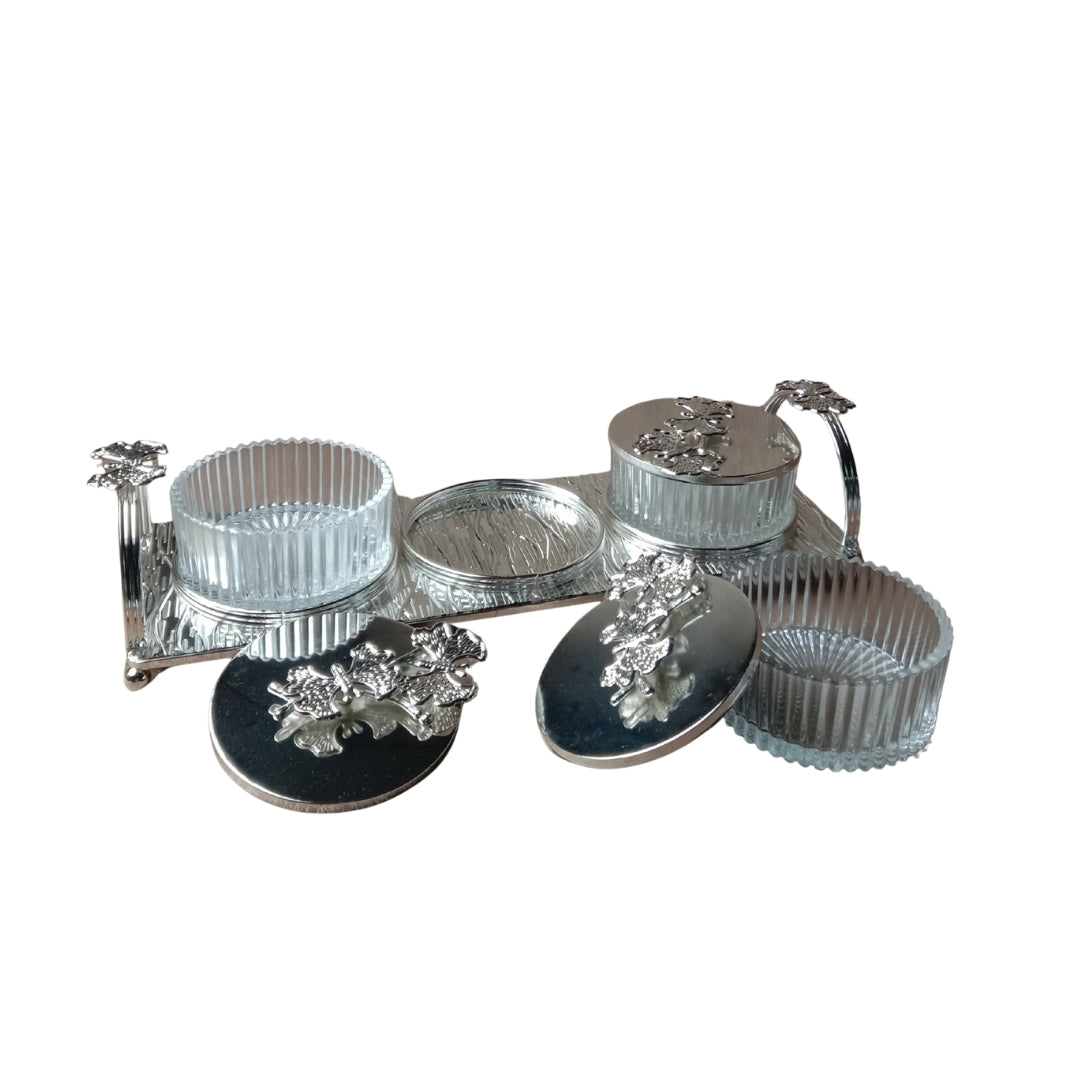 White metal Silver Plated Glass Jar Set with Decorative Tray and Lids - 3 pc set
