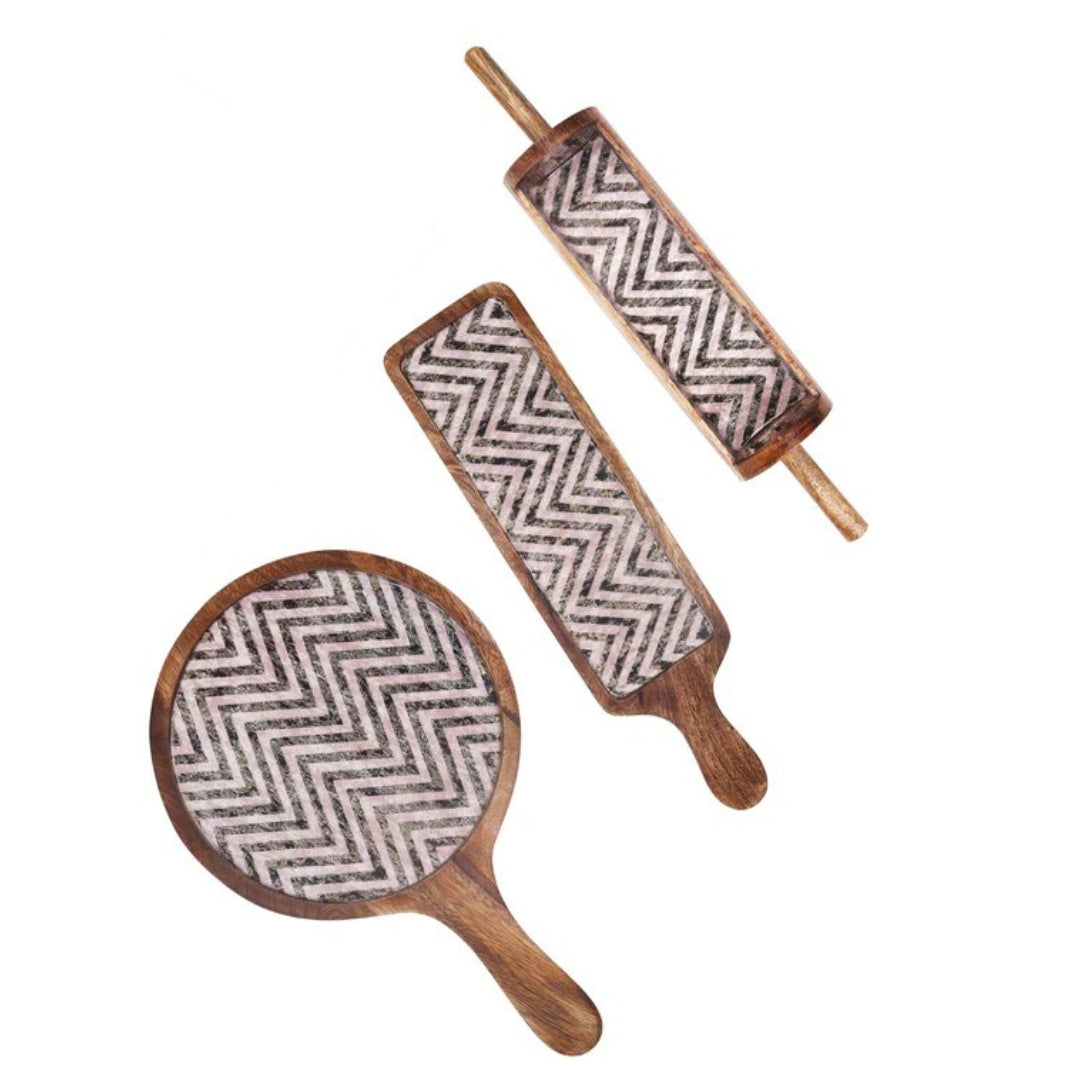Chevron print & enameled Wooden Khatiya Platter Set of 3 - belan platter , bat platter ,  pizza platter