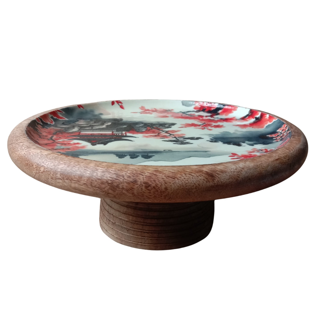 Japanese Art Print Enamel & Wooden Cake Stand
