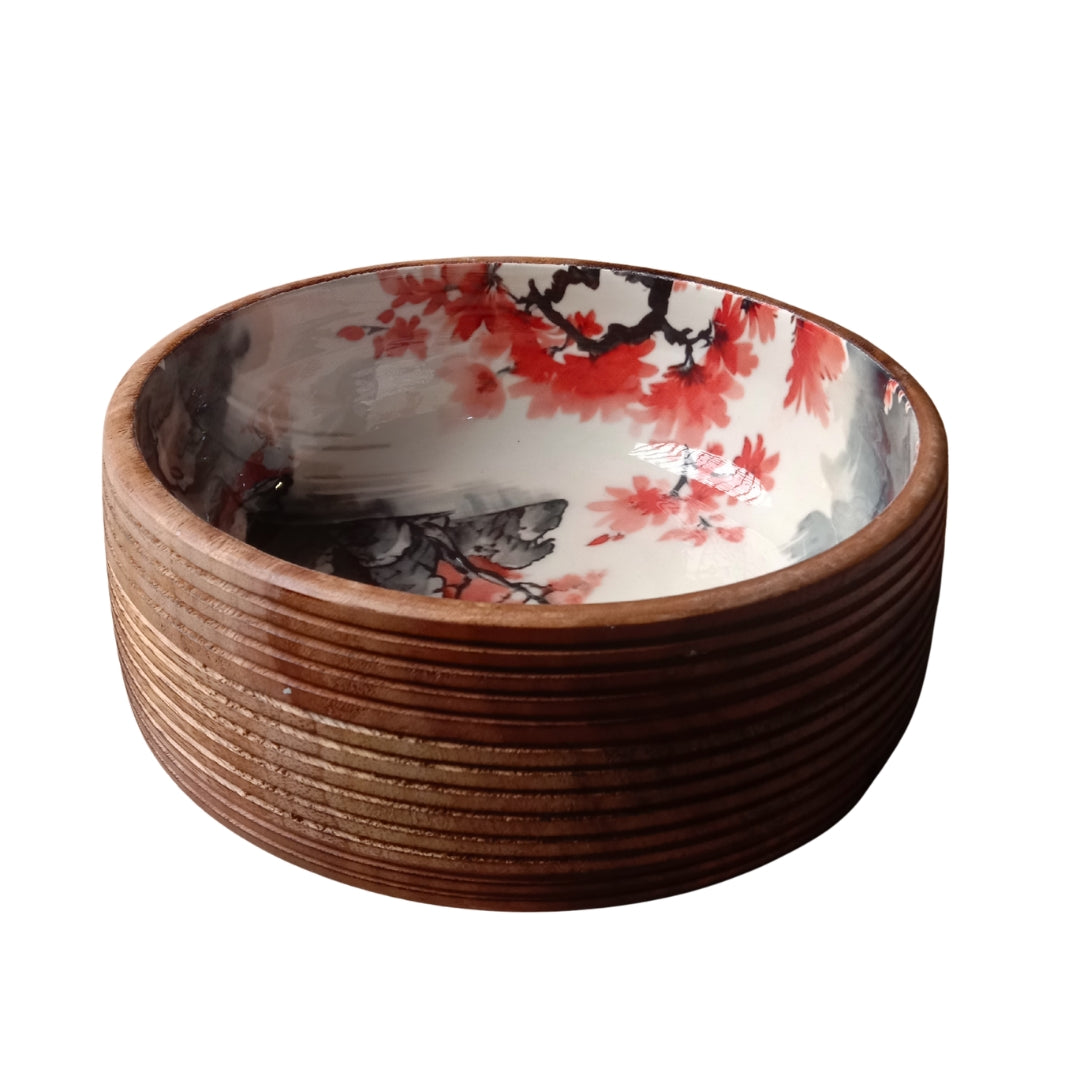 Japanese Floral Print Enamel & Ribbed Wooden Salad Bowl Set