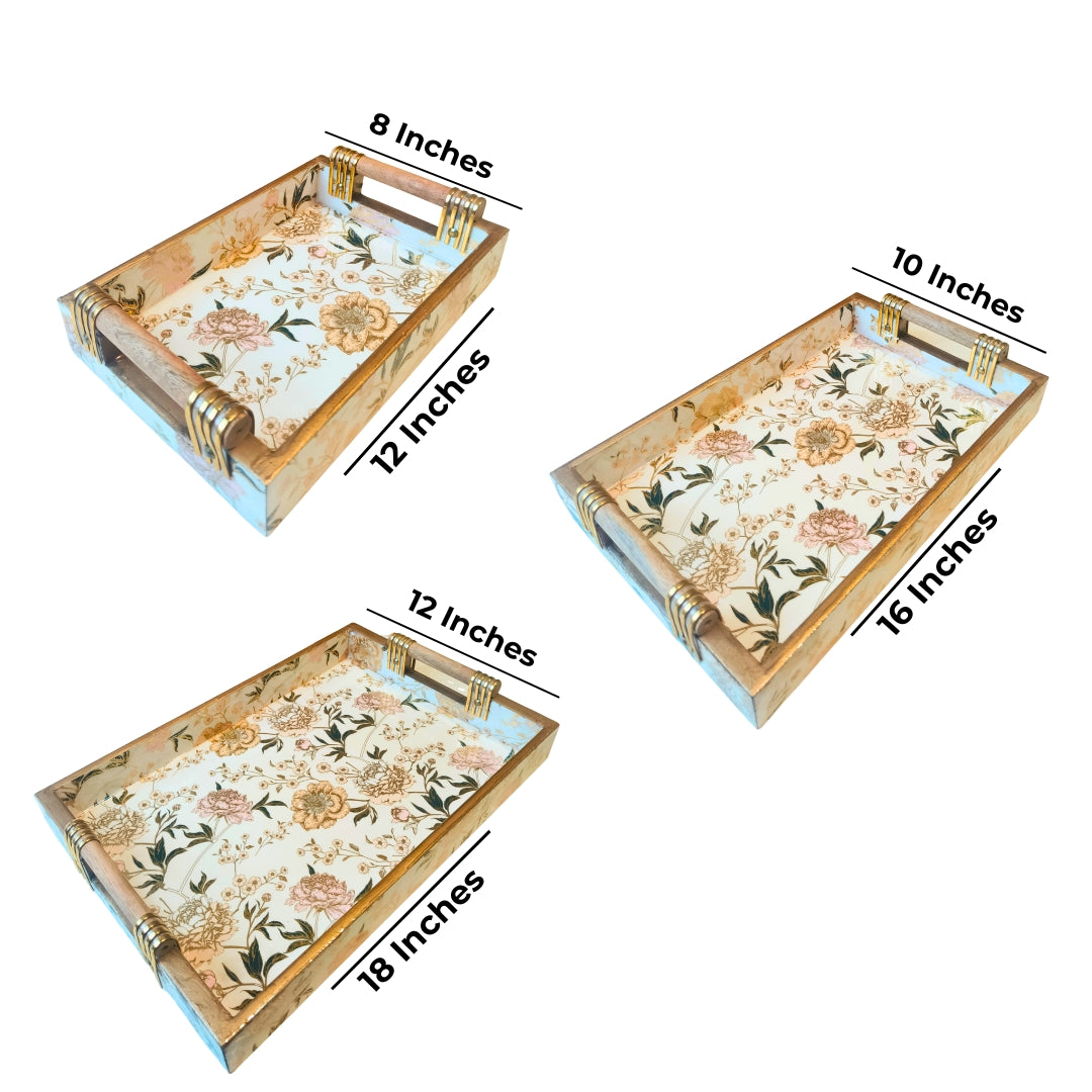 Tray Set Of 3 - White Flower with Wooden Handle