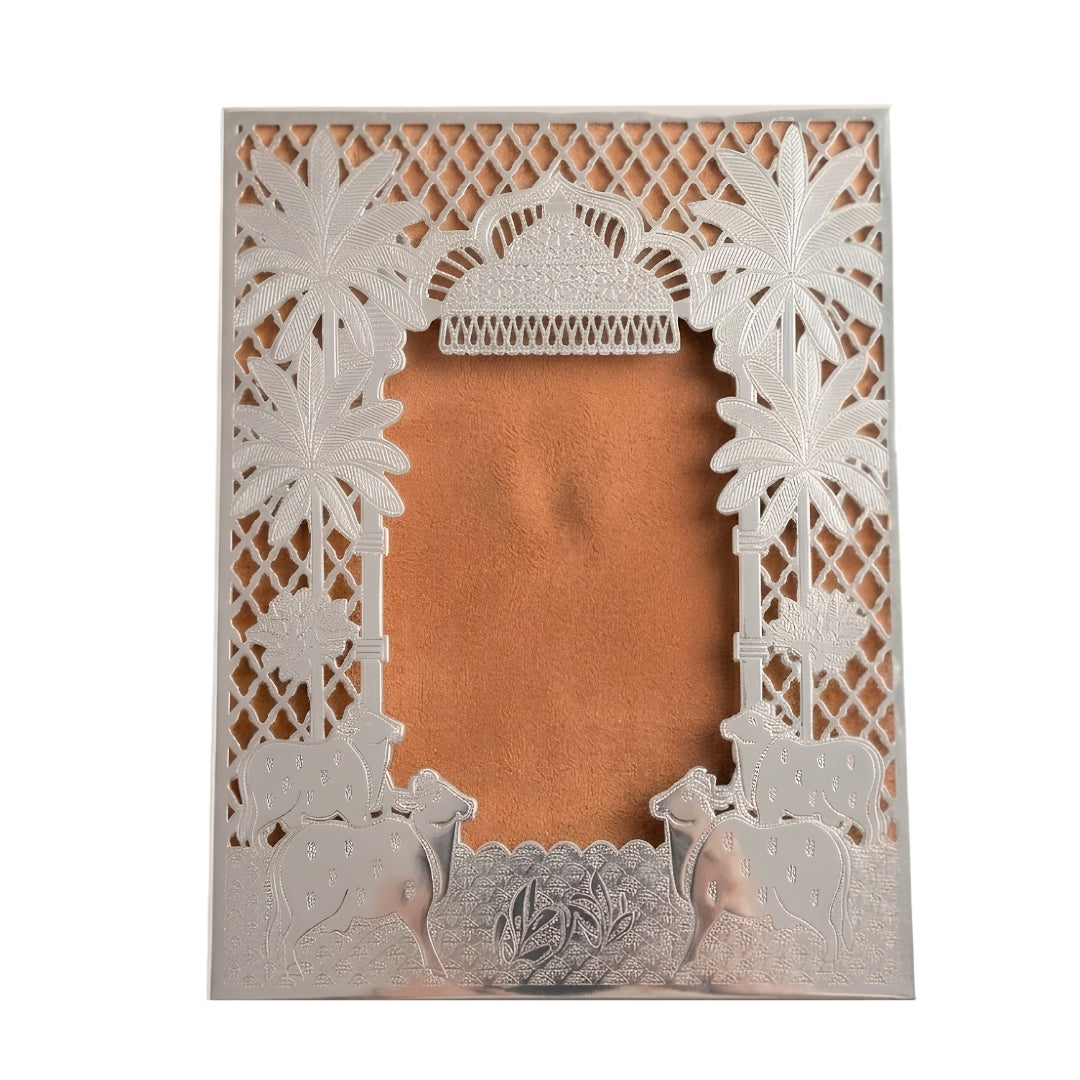 Silver Plated Pichwai Jhoomar & Cow Photo Frame (Tan Velvet Gift Box)