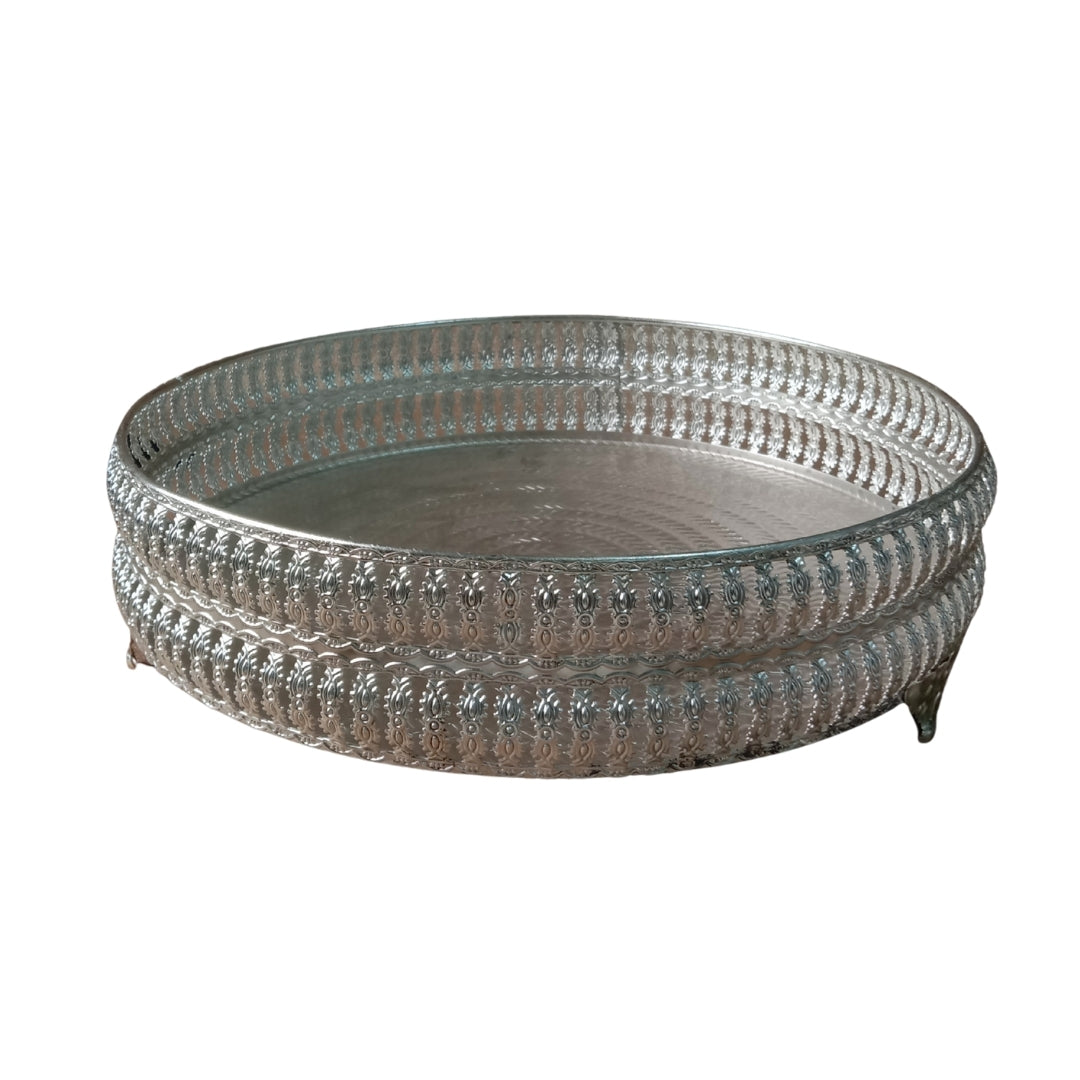 Decorative Silver Round Filigree Tray with Beaded Edges and Ornate Feet