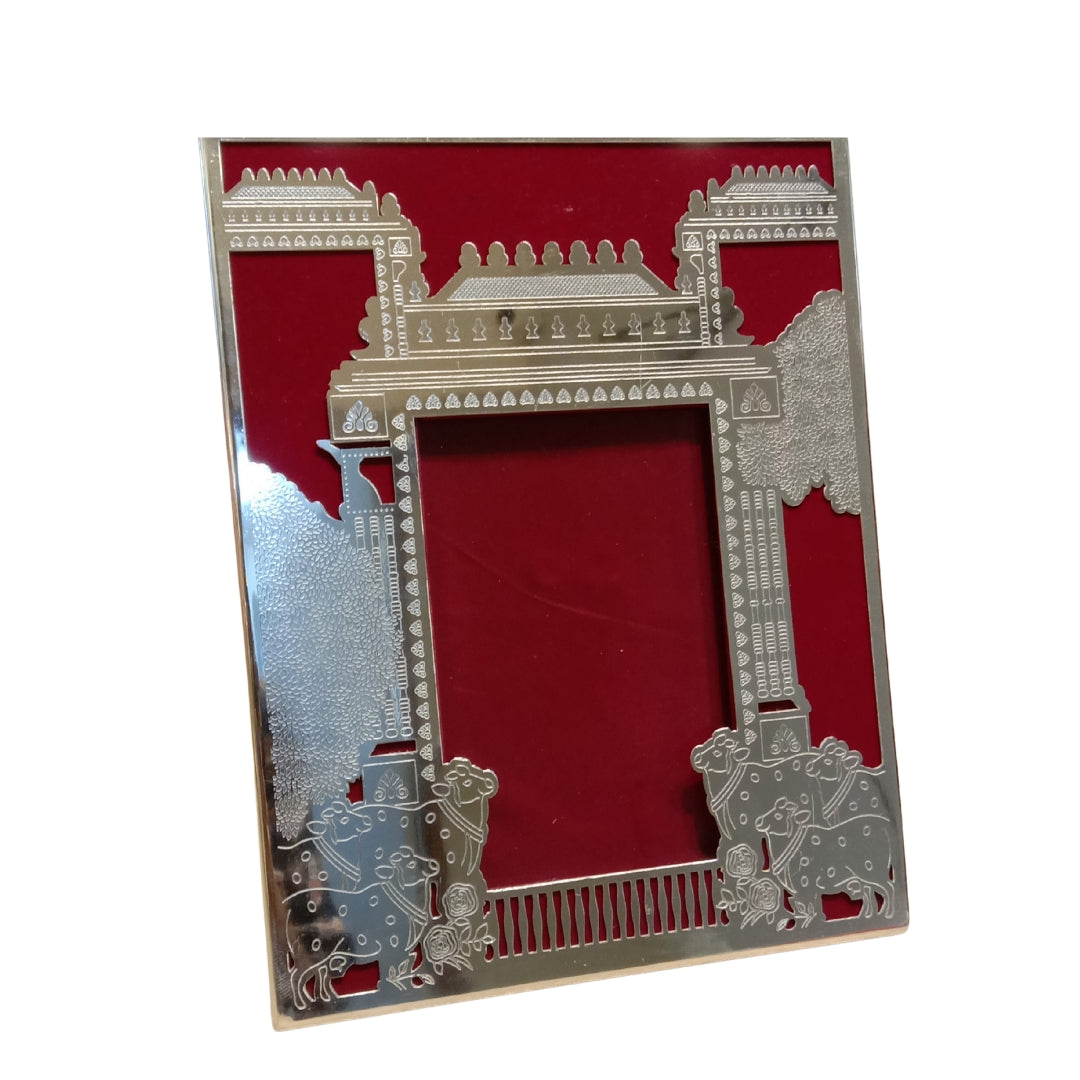 Silver Plated Pichwai Kamdhenu Cow Photo Frame (Red Velvet Gift Box)