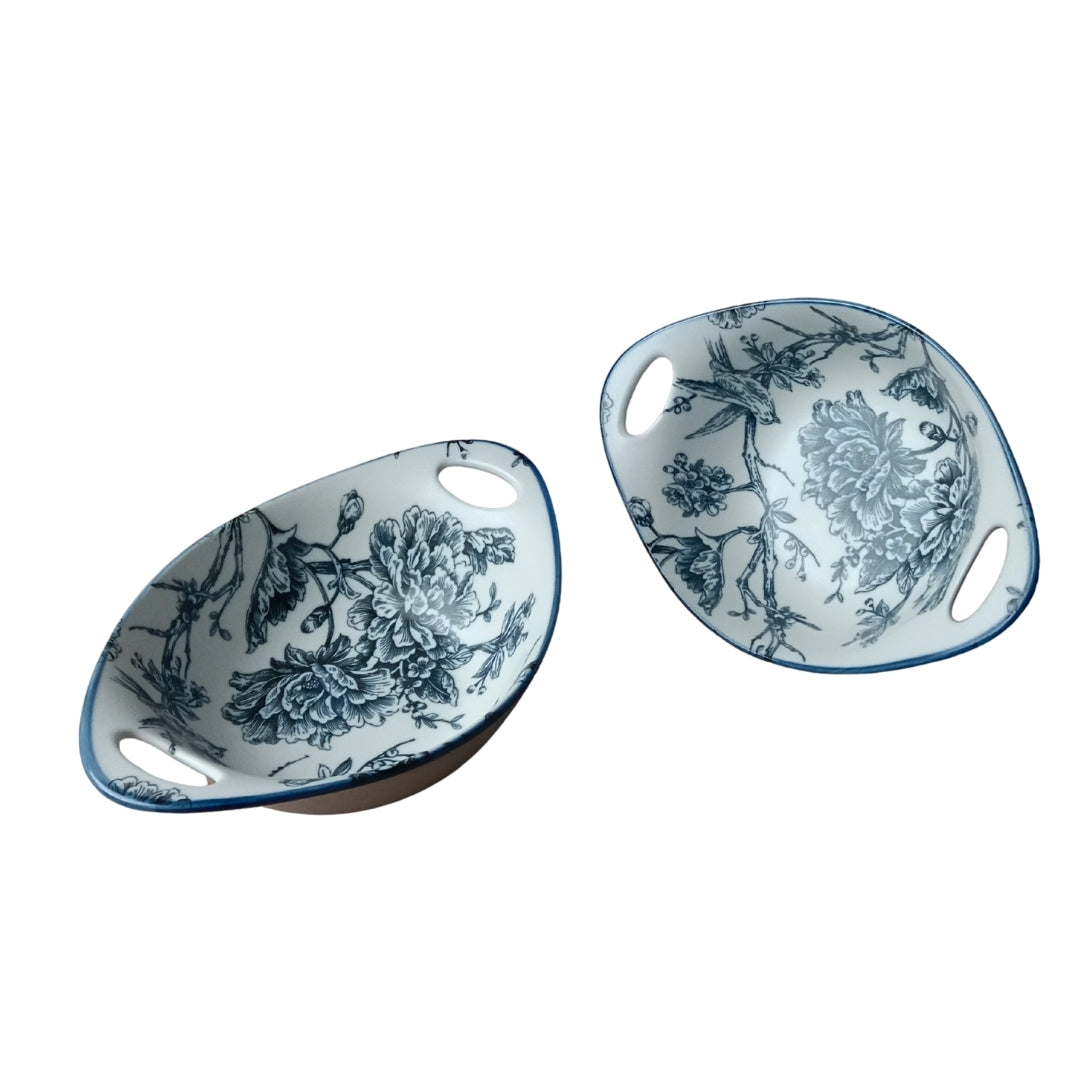 2 Pcs Blue & White Floral Ceramic Oval Bowl Set