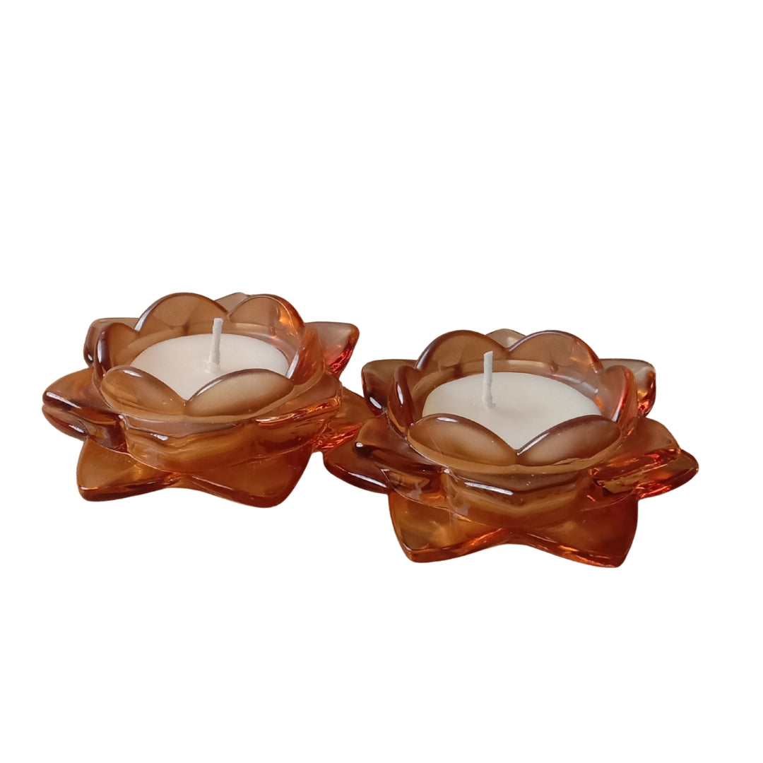 Brown Glass Lotus Candle Holder - Scented Wax Tealight Set (Set of 2)