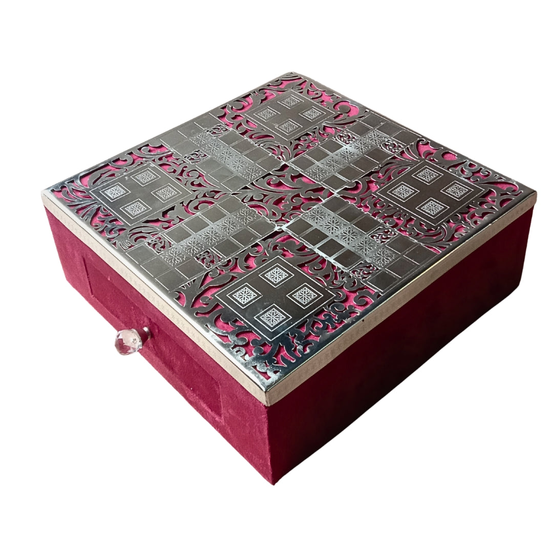 Luxury Silver Plated Ludo Box with Pull-Out Drawer, Metal Pawns & Red Velvet Base