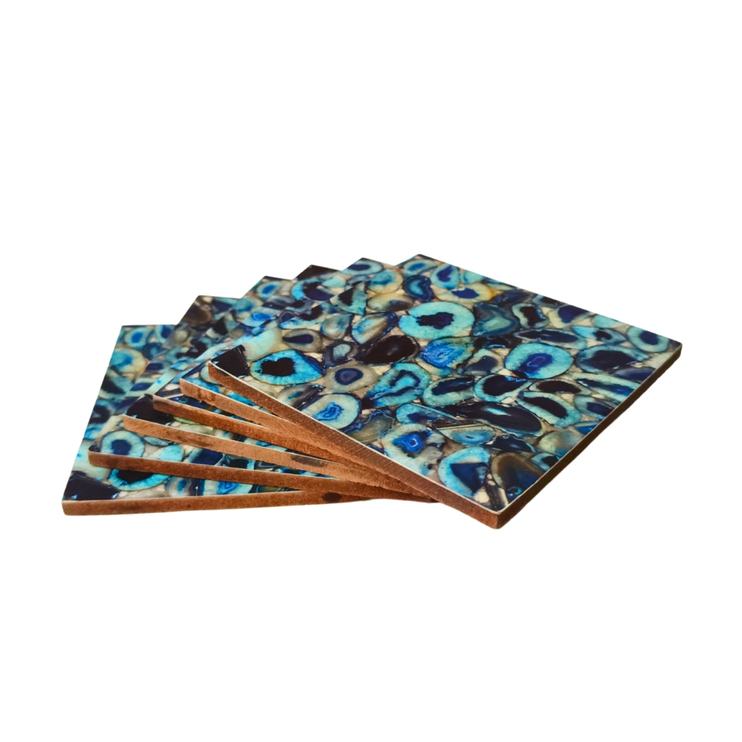 Table Coaster - Wooden Blue Agate Print With Enamel Set of 6