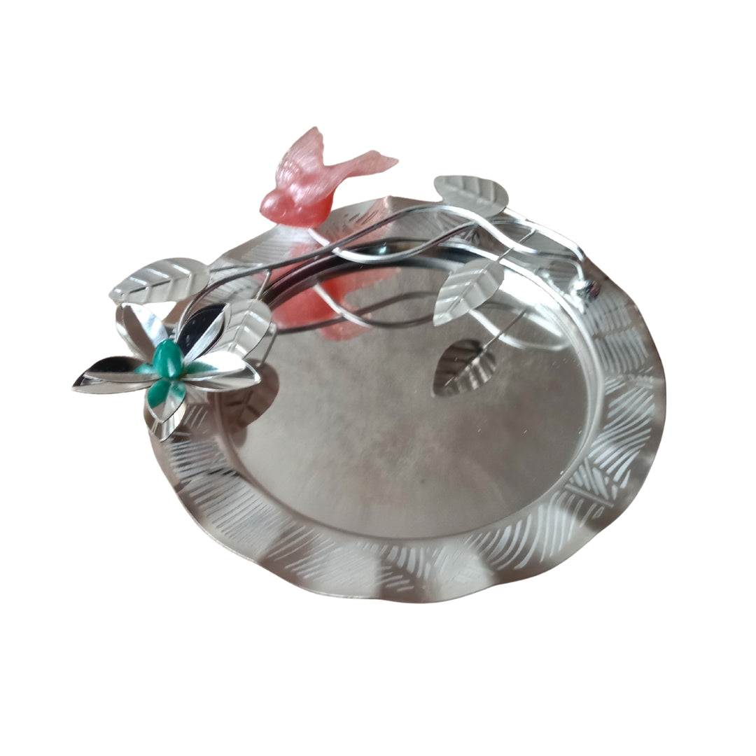 Silver Plated Round Platter with Flower & Resin Bird in Premium Gift Box