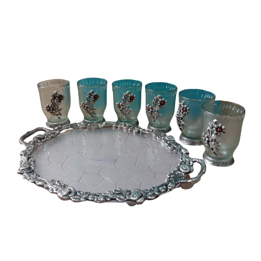 Silver Plated Glass and Tray Set of 7with Floral Motif