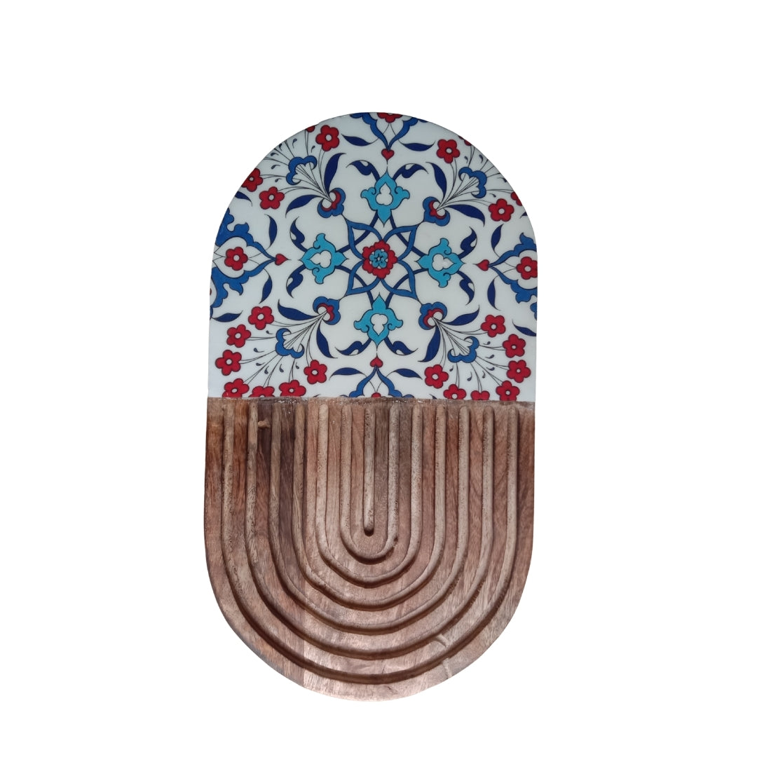 Turkish Print Enamel & Ribbed Wooden Oval Platter