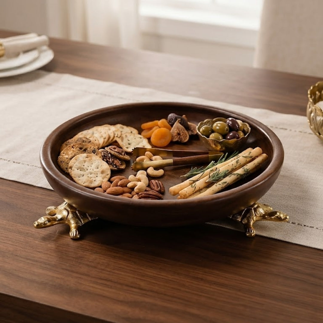 Dark Wood Round Serving Bowl with Gold Turtle Feet Stand