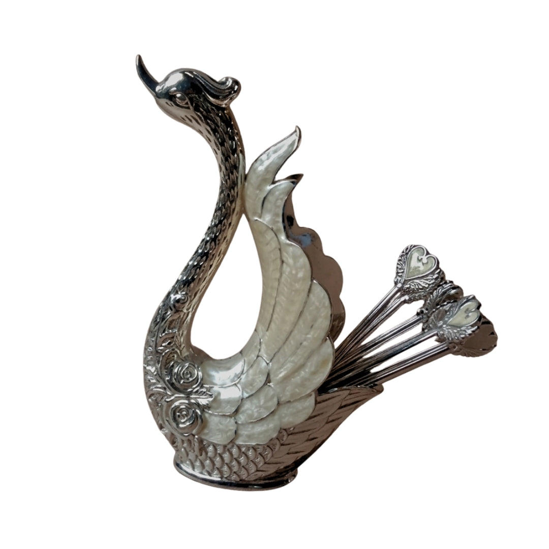 White Metal Swan Holder with Set of 6 Dessert Forks in Premium Gift Box
